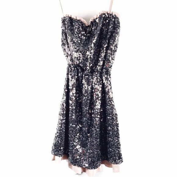 DKNY Strapless Gunmetal Gray Silver Sequin Cocktail Party Dress Size Small - Picture 1 of 12